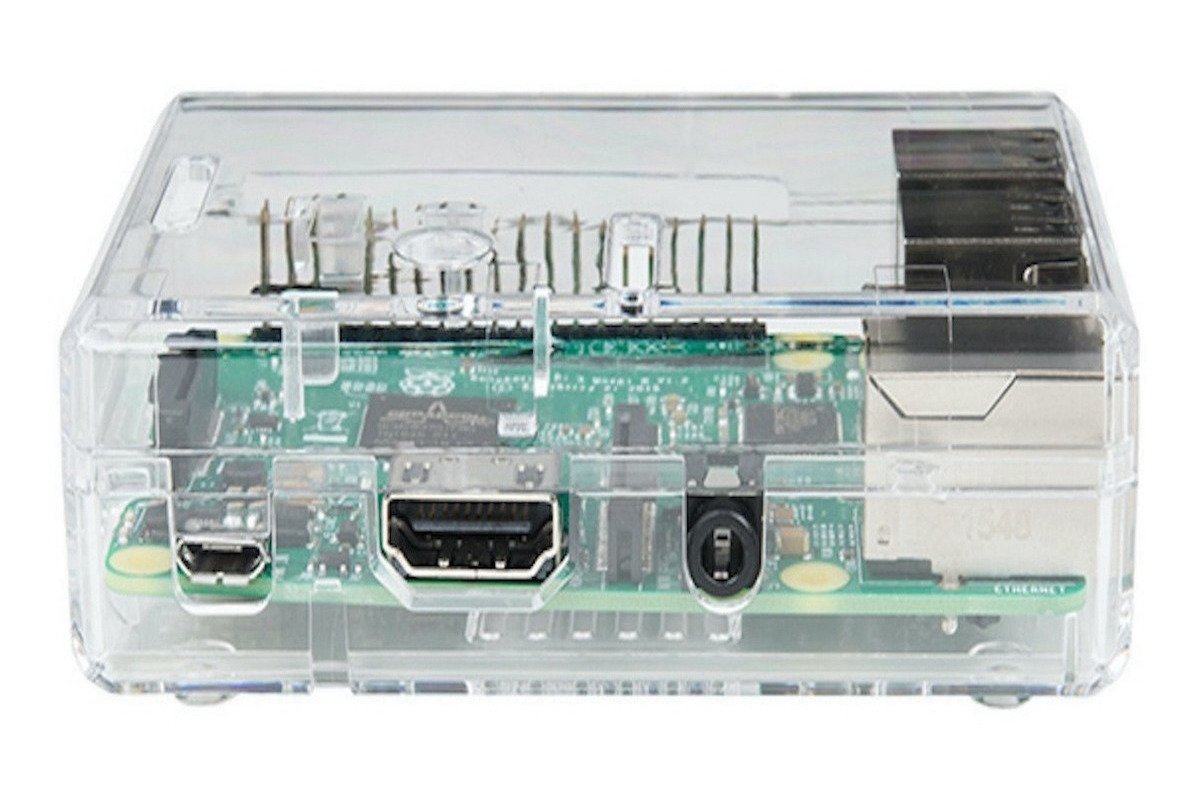 Transparent plastic case housing Raspberry Pi 3B with visible HDMI and USB ports, ideal for electrónica and. - Carcasa Soporte Cámara Raspberry Pi 3B - Microbot México - Default Title