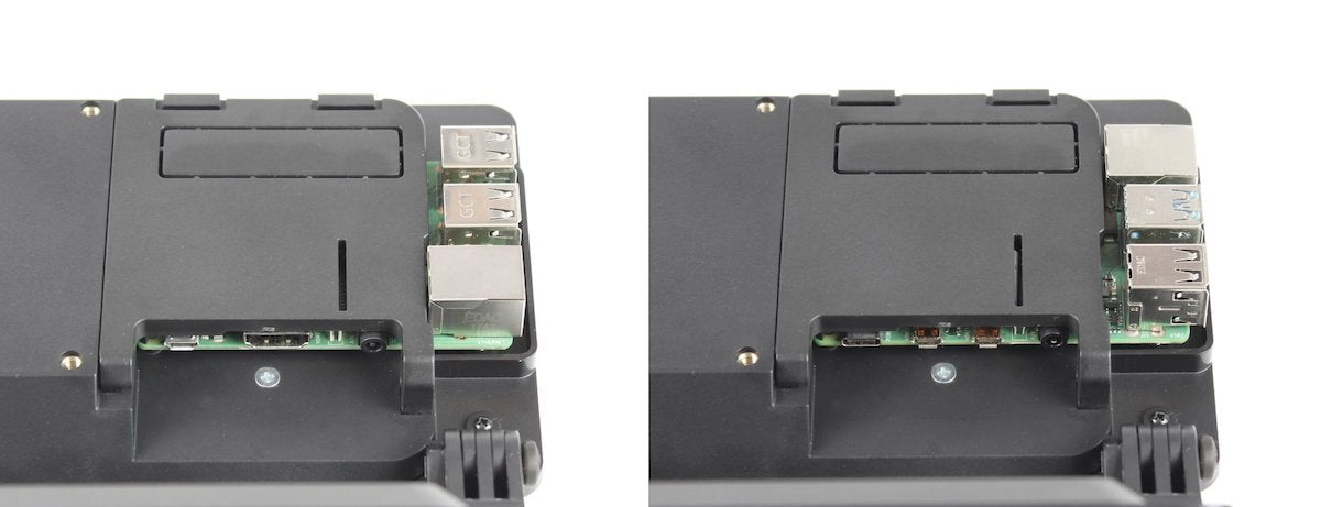 Black SmartiPi Touch 2 case housing Raspberry Pi with visible microcontroller ports and module slots for electrónica. - Carcasa SmartiPi Touch 2 - Microbot México - Default Title