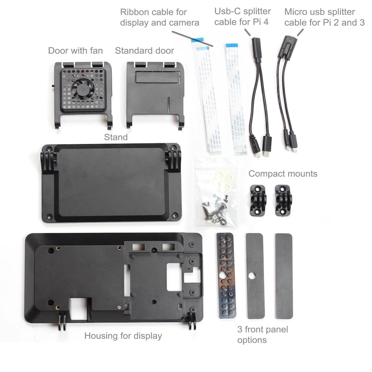 Black SmartiPi Touch 2 case with stand, door options, ribbon and USB-C cables for Raspberry Pi microcontroladores and. - Carcasa SmartiPi Touch 2 - Microbot México - Default Title