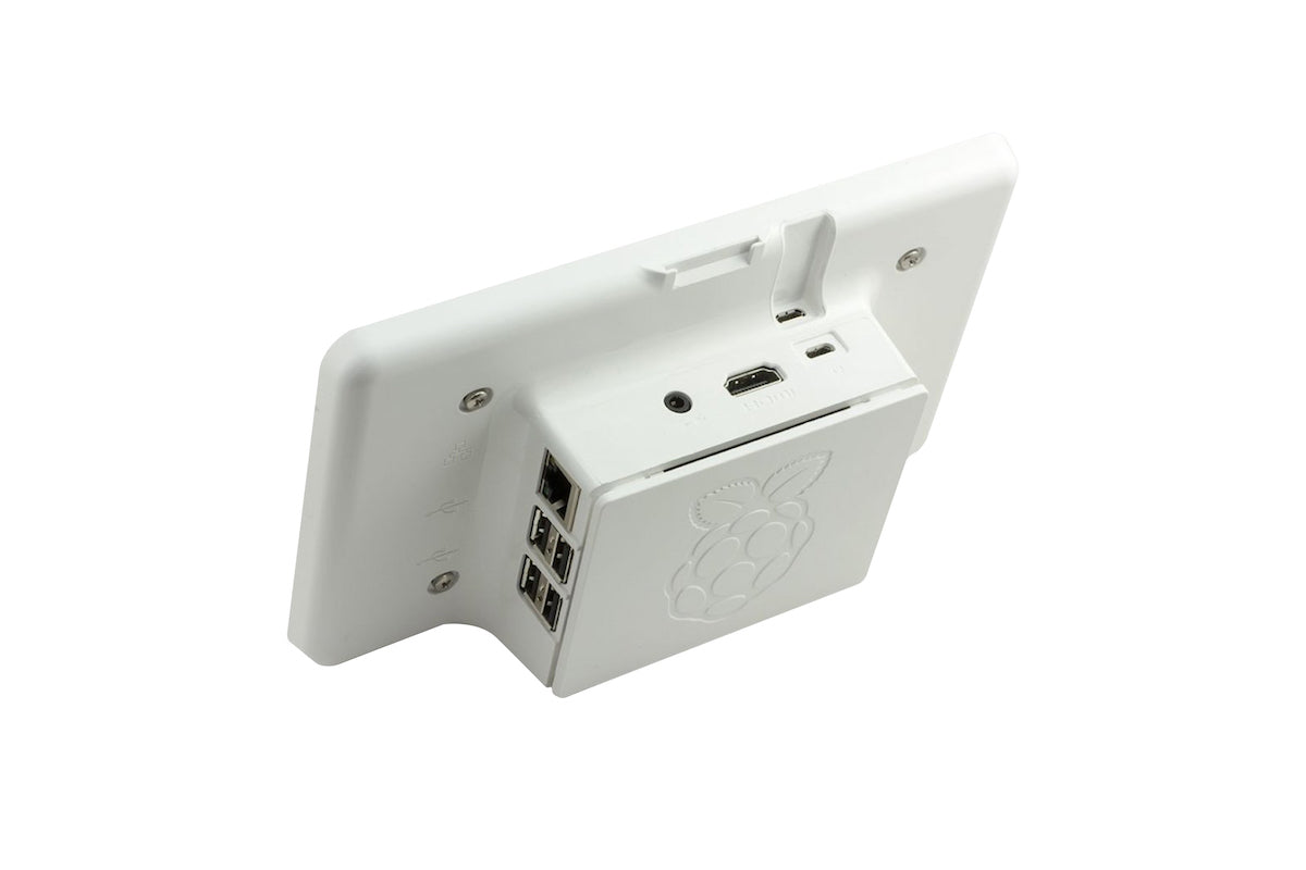White official Raspberry Pi 3 case with integrated 7-inch screen for electrónica and microcontroladores projects. - Carcasa Raspberry Pi 3 Pantalla 7 Pulgadas Oficial - Microbot México - Negro