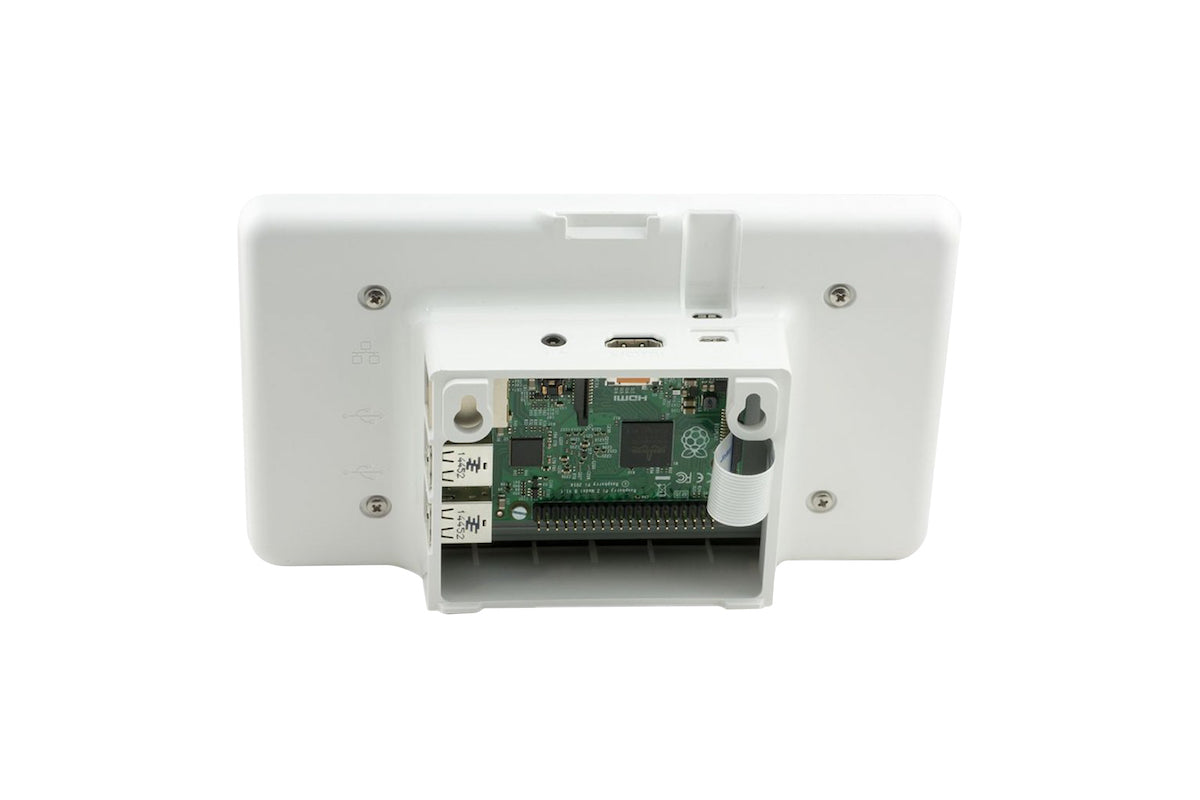 White official 7-inch screen case for Raspberry Pi 3 showing electronic components and microcontroller ports for Arduino and . - Carcasa Raspberry Pi 3 Pantalla 7 Pulgadas Oficial - Microbot México - Negro