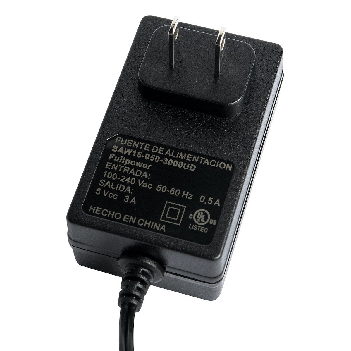 Black 5V 3A microUSB power adapter for Raspberry Pi with prongs and electrical specifications displayed, perfect for. - Eliminador 5V 3A microUSB para Raspberry Pi 3 - Microbot México - Default Title