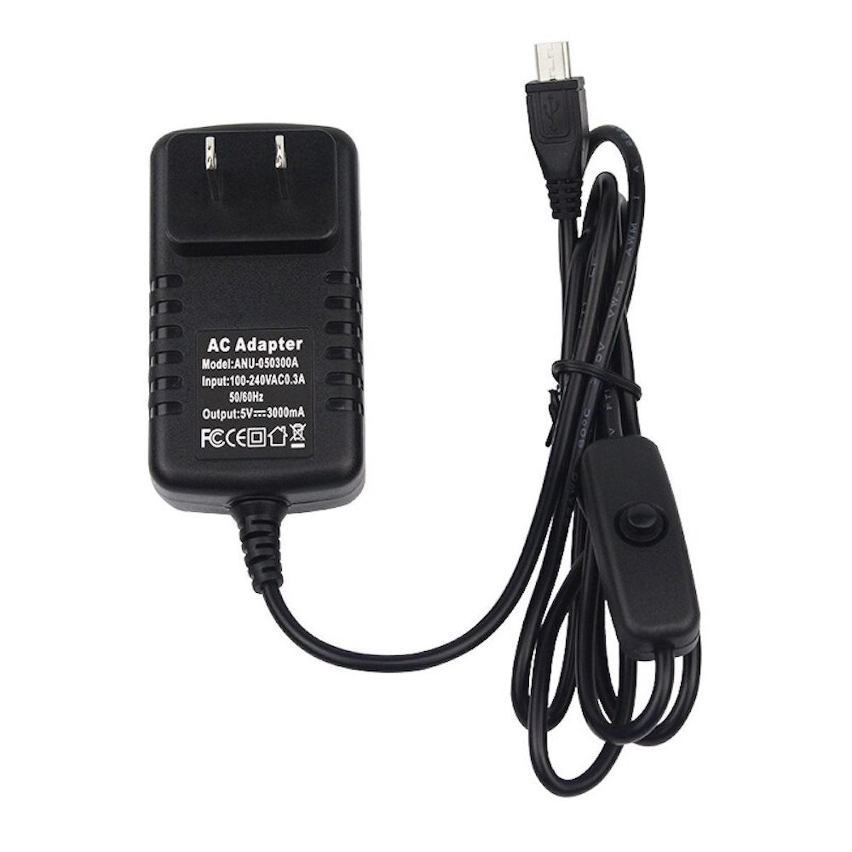 Black 5V 3A microUSB AC adapter with power button for electrónica and raspberry pi components. - Eliminador 5V 3A microUSB Boton - Microbot México - Default Title