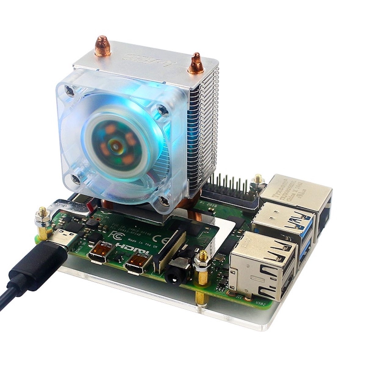 Raspberry Pi Ice Tower cooler with LED fan mounted on Raspberry Pi board for electrónica and microcontroladores projects. - Disipador Raspberry Pi Ice Tower - Microbot México - Default Title