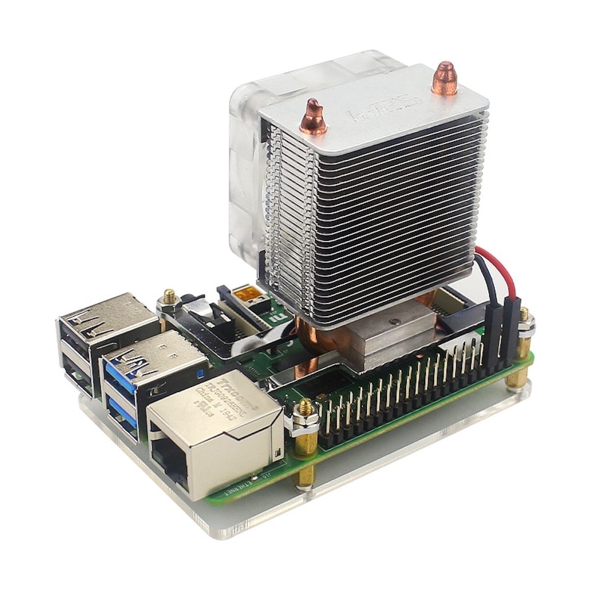 Copper-based Ice Tower cooler with aluminum fins mounted on a Raspberry Pi board, ideal for microcontroladores and módulos. - Disipador Raspberry Pi Ice Tower - Microbot México - Default Title