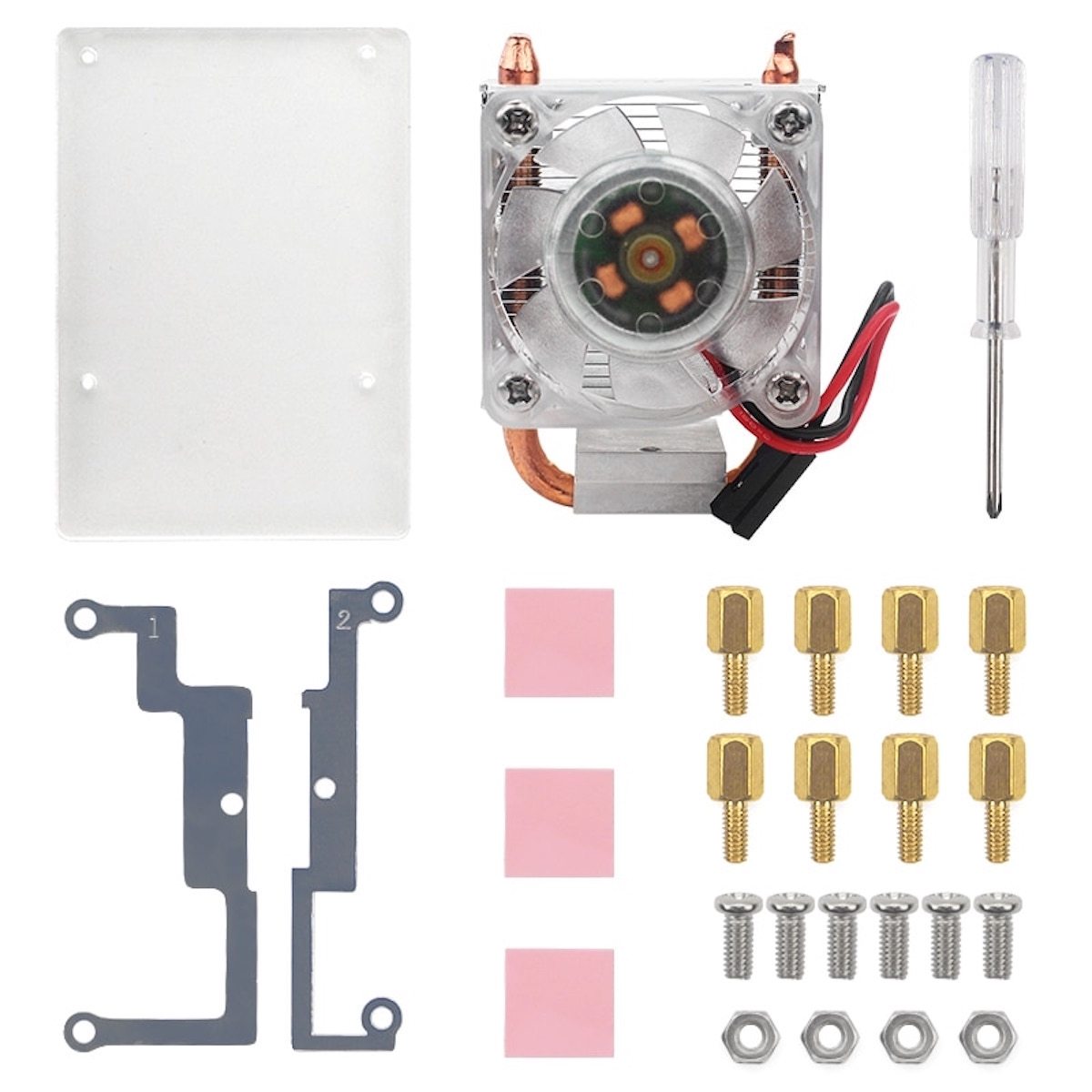 Raspberry Pi Ice Tower cooler with copper heat pipes, fan, thermal pads, metal brackets, screws, and screwdriver for. - Disipador Raspberry Pi Ice Tower - Microbot México - Default Title
