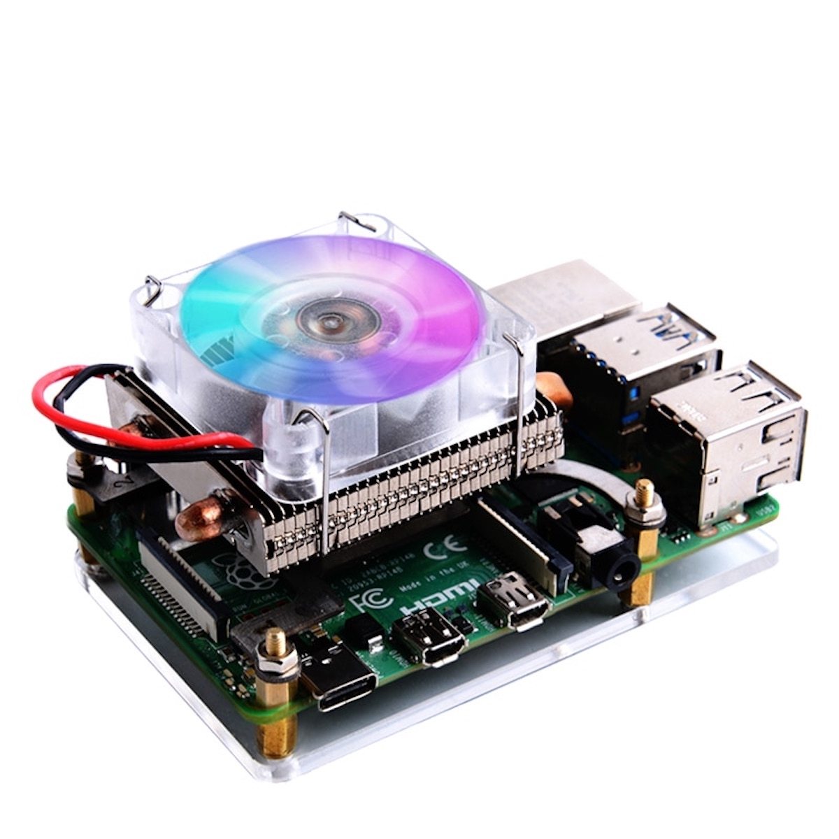 Low-profile Ice Tower heatsink with RGB fan on Raspberry Pi board for electrónica and microcontroladores cooling. - Disipador Raspberry Pi Ice Tower Low-Profile - Microbot México - Blanco