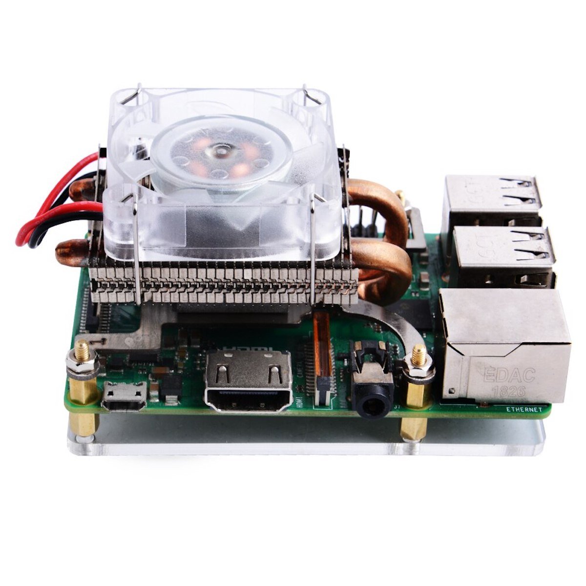 Low-profile white Ice Tower cooler with fan and copper heat pipes mounted on Raspberry Pi for electrónica, componentes,. - Disipador Raspberry Pi Ice Tower Low-Profile - Microbot México - Blanco