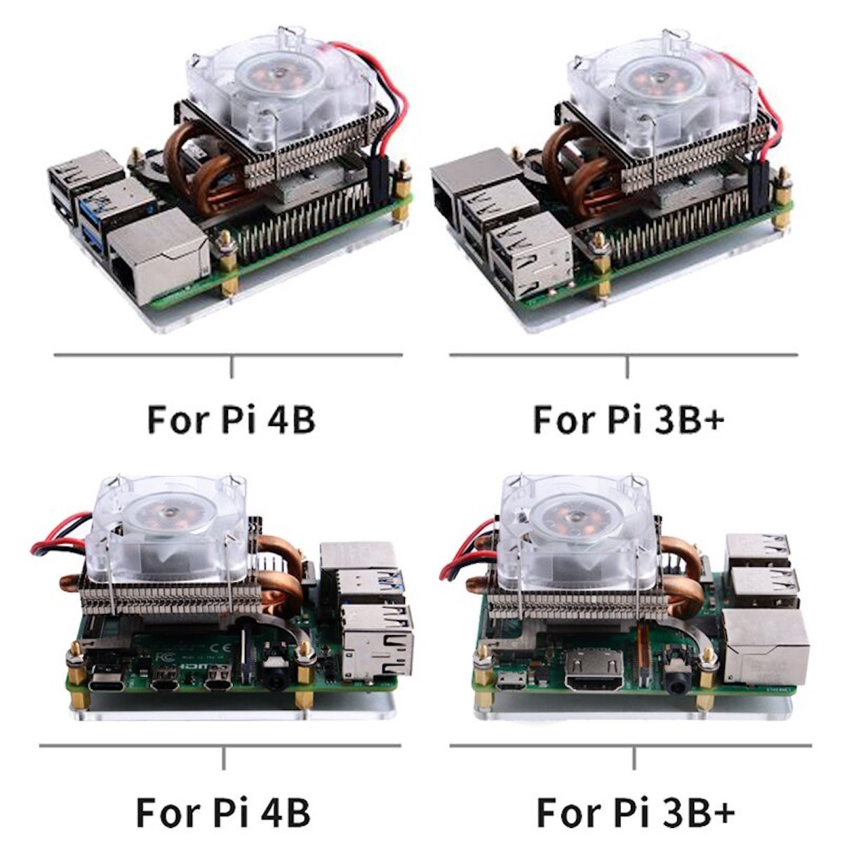 Low-profile Ice Tower cooler with fan on Raspberry Pi 4B and 3B+ boards, ideal for microcontrollers and electrónica. - Disipador Raspberry Pi Ice Tower Low-Profile - Microbot México - Blanco