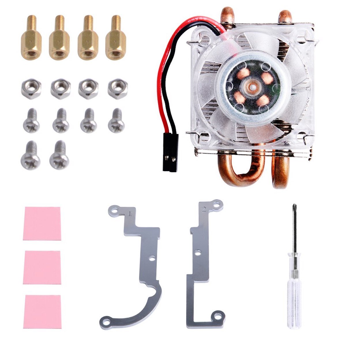 Low-profile Ice Tower Raspberry Pi cooler with fan, copper heat pipes, mounting hardware, thermal pads, and screwdriver for. - Disipador Raspberry Pi Ice Tower Low-Profile - Microbot México - Blanco
