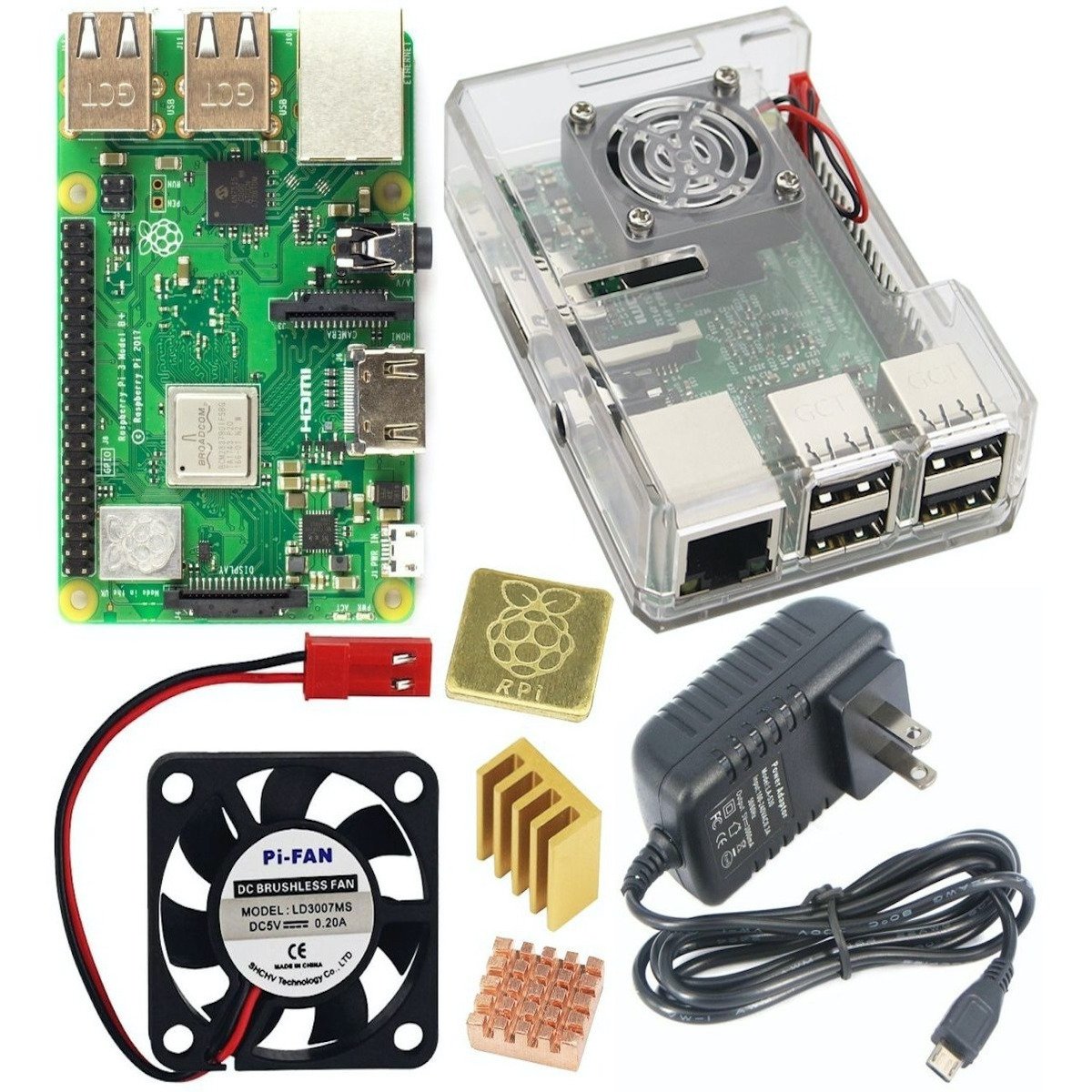 Raspberry Pi 3B+ kit with green circuit board, transparent case, cooling fan, power adapter, heatsinks, and microcontroller. - Kit Raspberry PI 3B+ - Microbot México - Negro