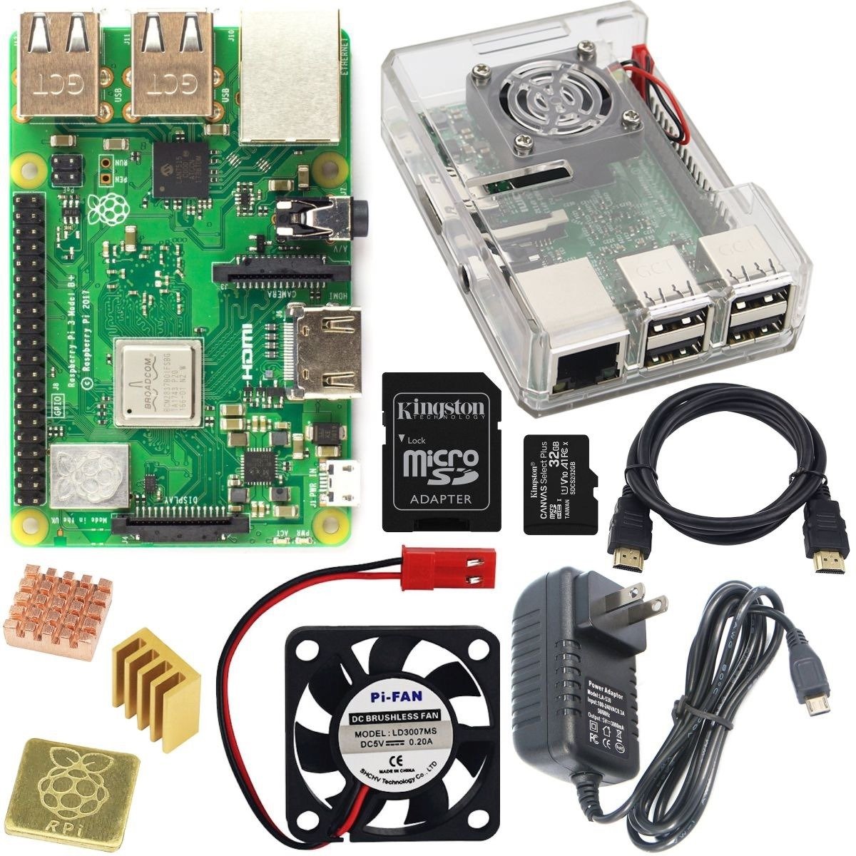 Raspberry Pi 3B+ board with microcontroller, heat sinks, cooling fan, HDMI cable, power adapter, microSD card, and. - Kit Raspberry PI 3B+ SD HDMI - Microbot México - Negro