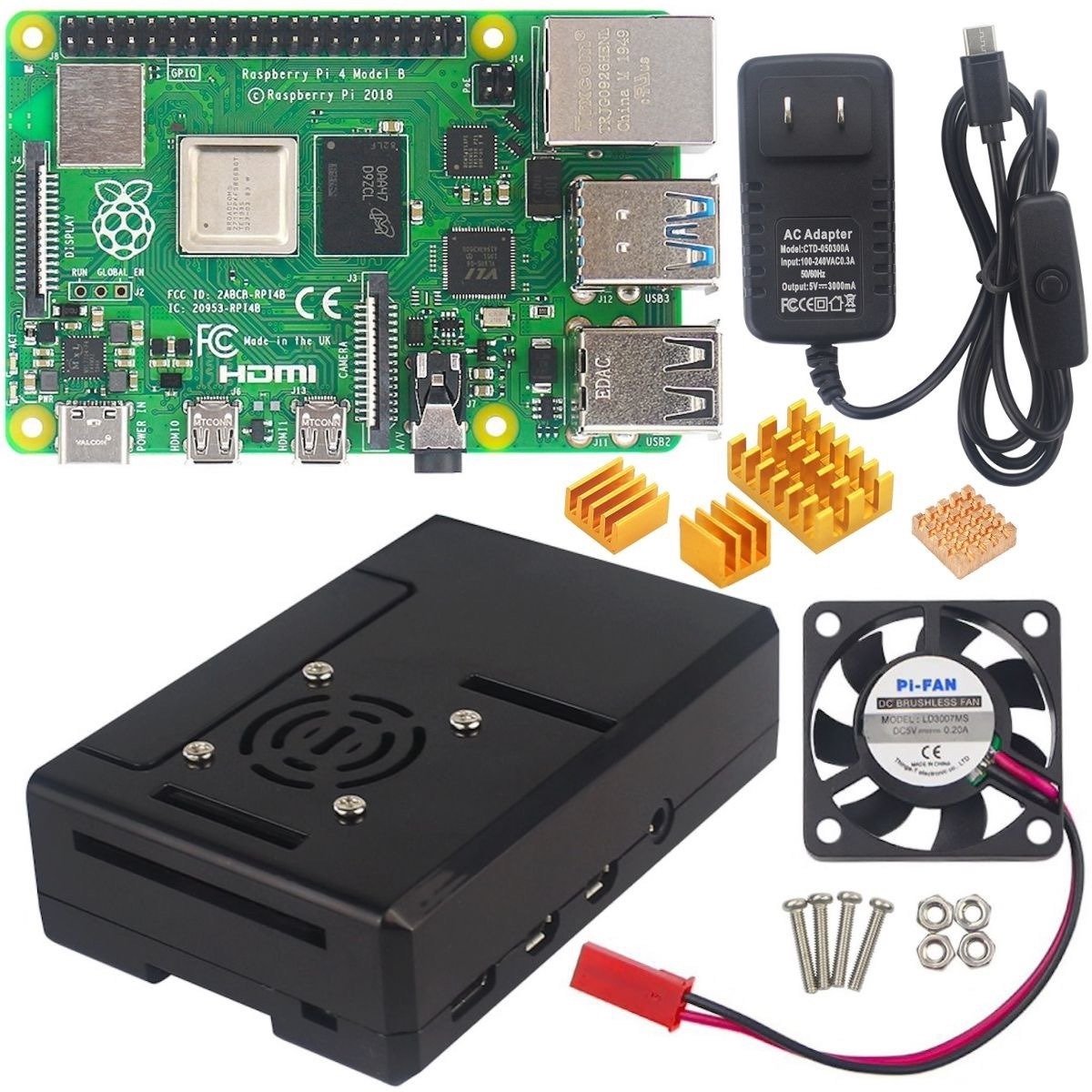 Raspberry Pi 4 board with power adapter, USB cable, black ABS case, cooling fan, heatsinks, and screws for. - Kit Raspberry Pi 4 ABS - Microbot México - 2GB