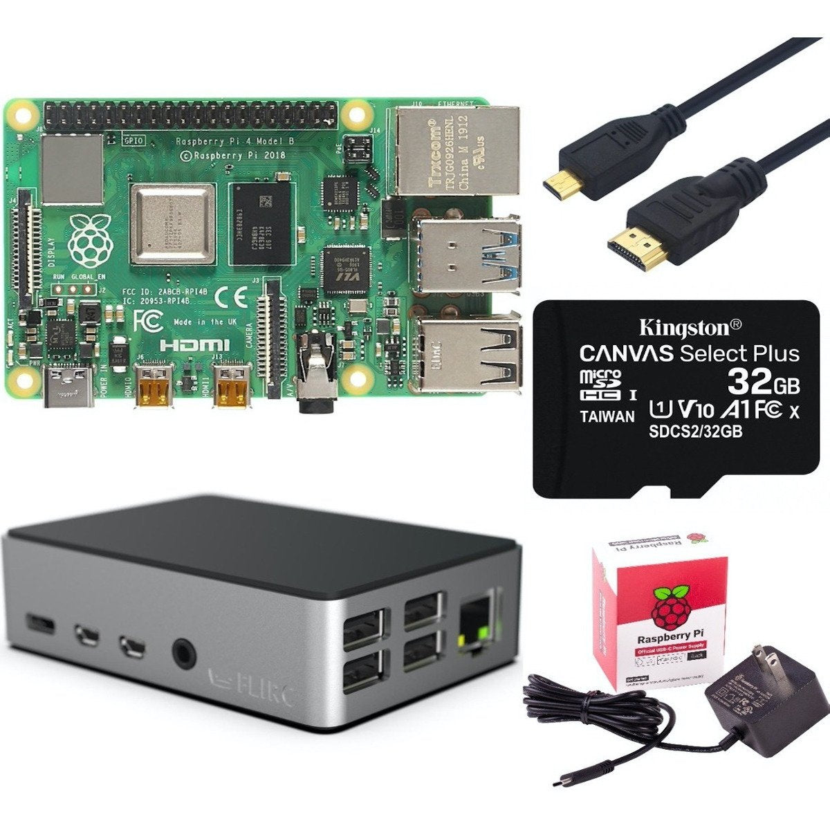 Raspberry Pi 4 Flirc kit with microcontroller board, black aluminum case, 32GB Kingston SD card, HDMI cable, and power. - Kit Raspberry Pi 4 Flirc - Microbot México - 1GB
