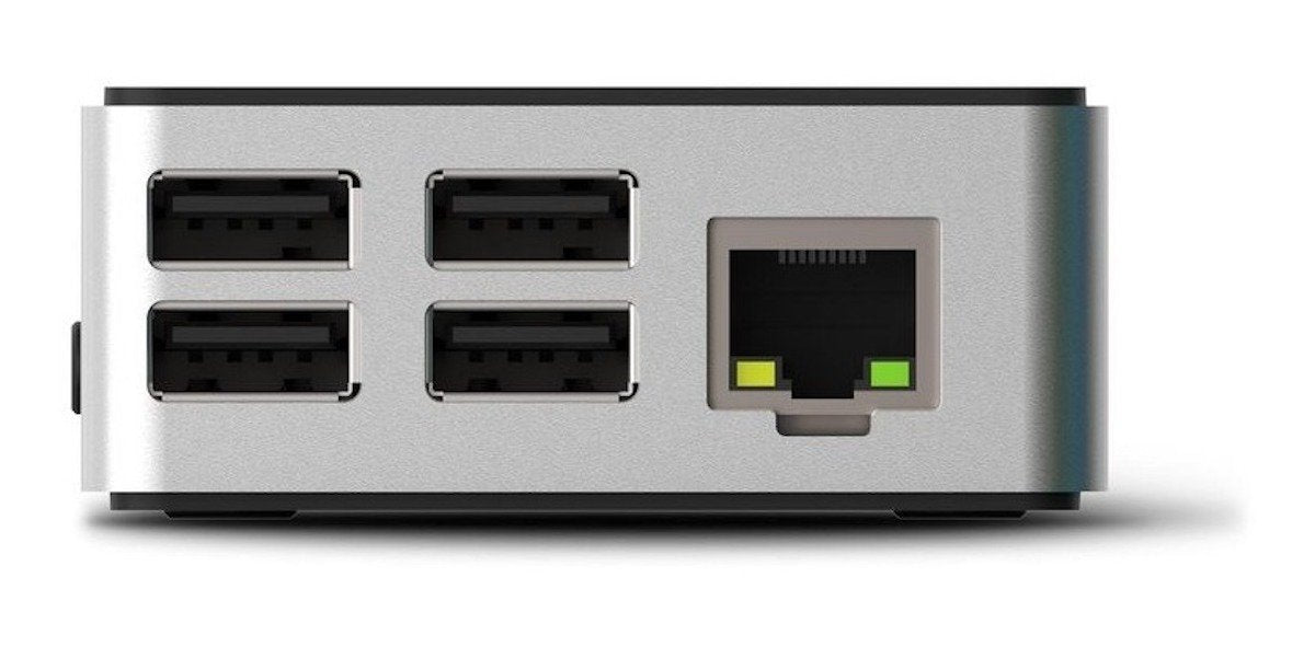 Compact silver Flirc case for Raspberry Pi 4 with four USB ports and Ethernet, ideal for electrónica and componentes. - Kit Raspberry Pi 4 Flirc - Microbot México - 1GB
