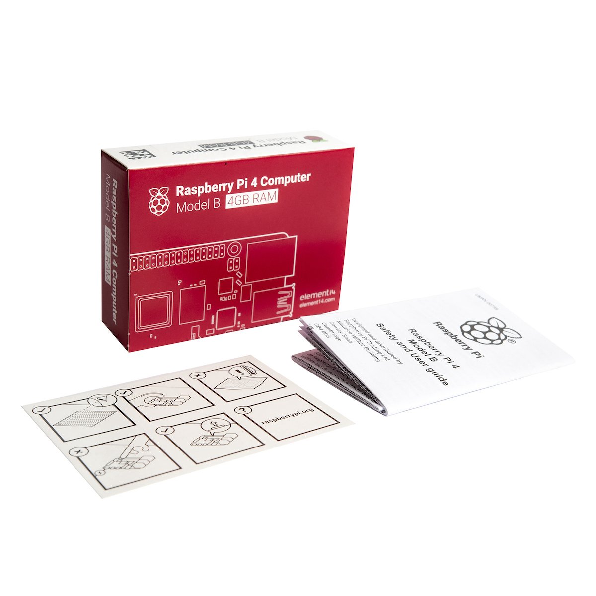 Raspberry Pi 4 Flirc kit with red box, instruction manual, and electronic components diagram for microcontroladores and. - Kit Raspberry Pi 4 Flirc - Microbot México - 1GB