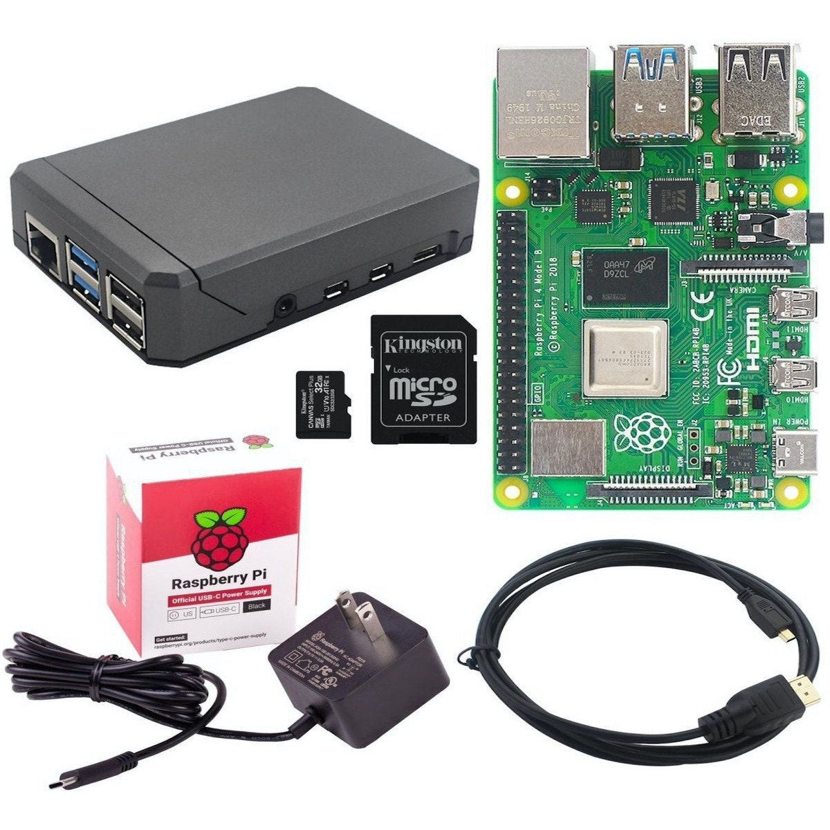 Raspberry Pi 4 kit with aluminum case, power adapter, microSD card, HDMI cable, and Raspberry Pi 4 board for electrónica and . - Kit Raspberry Pi 4 Aluminio - Microbot México - 1GB