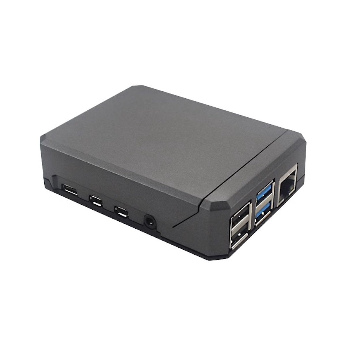 Compact gray aluminum case for Raspberry Pi 4 featuring USB and Ethernet ports, ideal for electrónica and microcontroladores . - Kit Raspberry Pi 4 Aluminio - Microbot México - 1GB