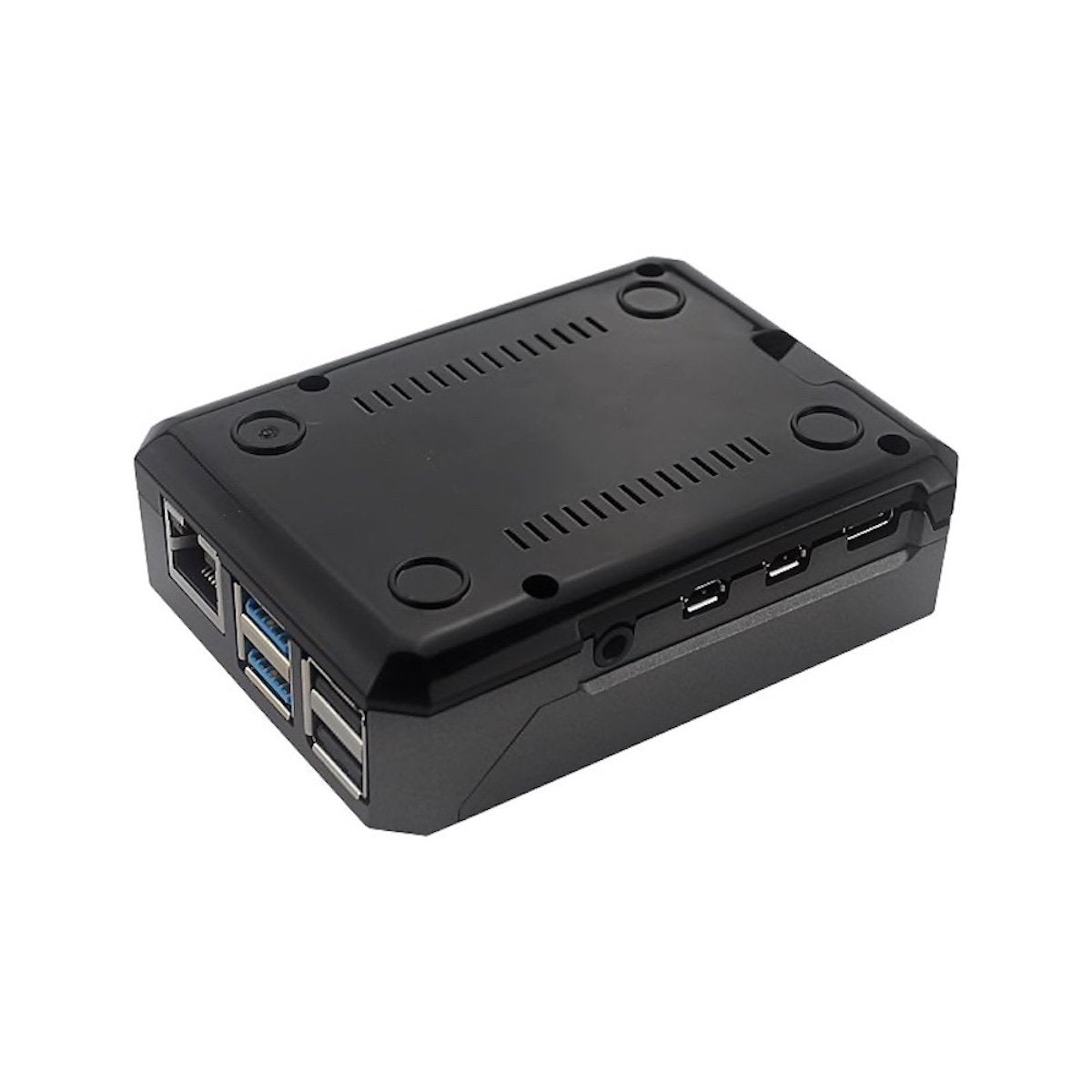 Black aluminum case for Raspberry Pi 4 with ventilation slots and multiple USB, Ethernet ports for electrónica components. - Kit Raspberry Pi 4 Aluminio - Microbot México - 1GB