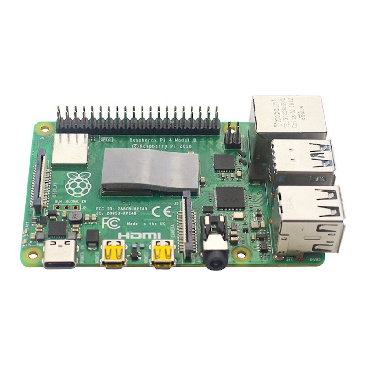 Raspberry Pi 4 Model B board with microcontrollers, USB ports, HDMI, and GPIO pins for electrónica and módulos. - Kit Raspberry Pi 4 Aluminio - Microbot México - 1GB