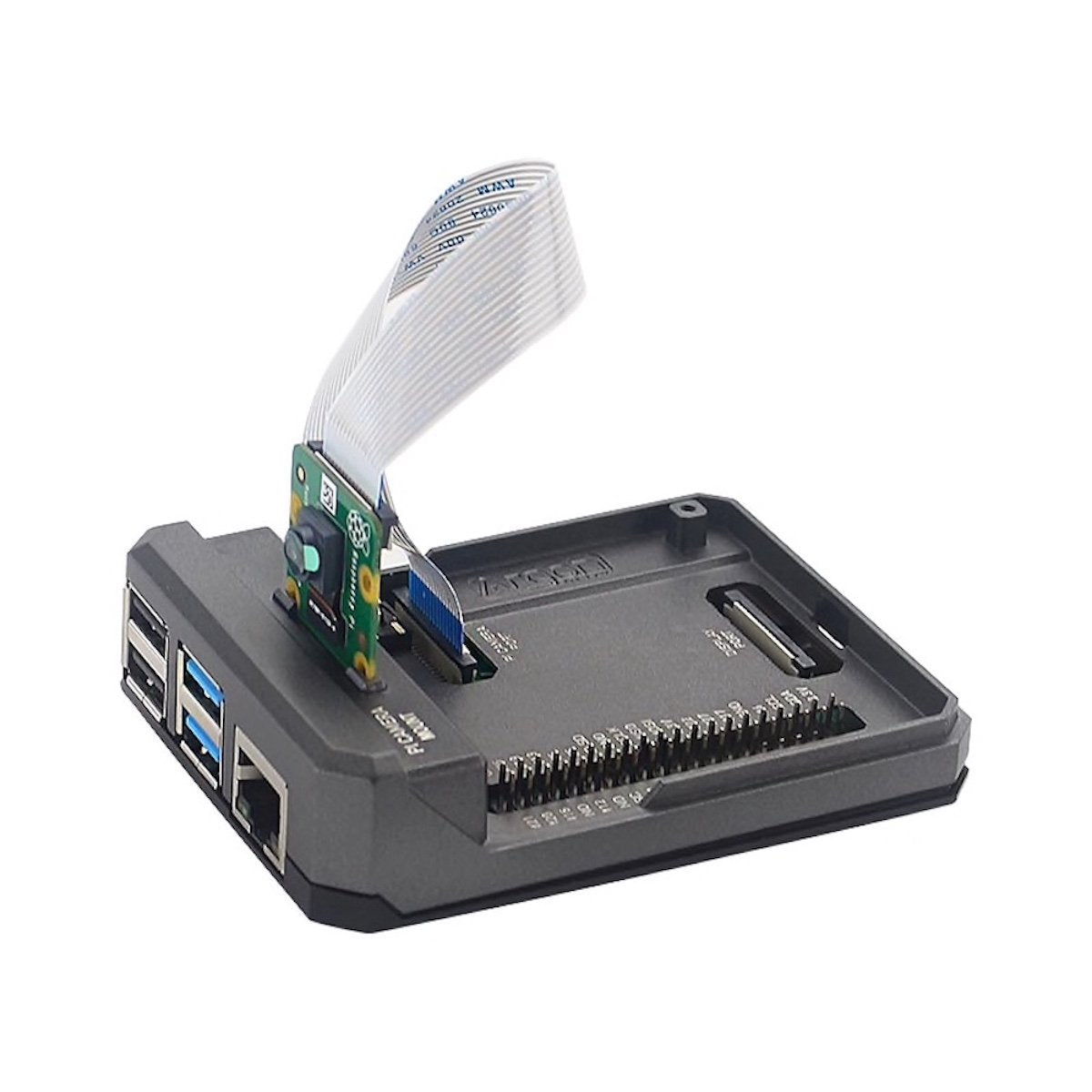 Raspberry Pi 4 aluminum case with attached camera module and ribbon cable for electrónica proyectos and componentes. - Kit Raspberry Pi 4 Aluminio - Microbot México - 1GB
