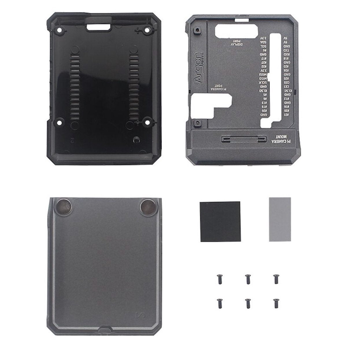 Aluminum black case for Raspberry Pi 4 with screws and thermal pads, electronic components accessory. - Kit Raspberry Pi 4 Aluminio - Microbot México - 1GB