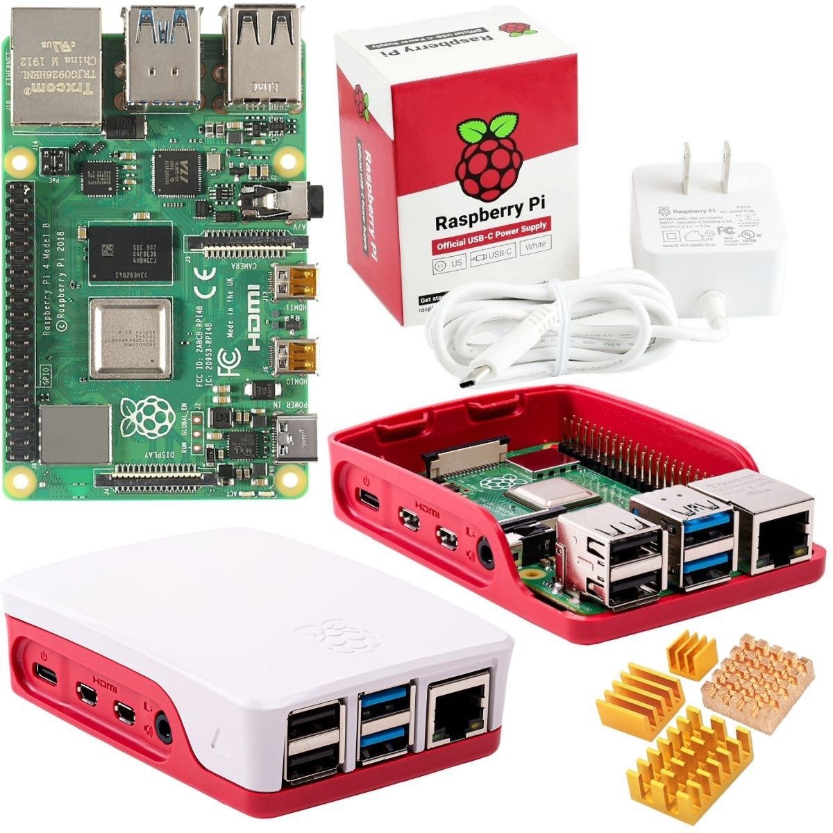 Raspberry Pi 4 Model B board with red and white case, USB ports, power adapter, and gold heatsinks for electrónica and. - Kit Raspberry Pi 4 Oficial - Microbot México - 1GB