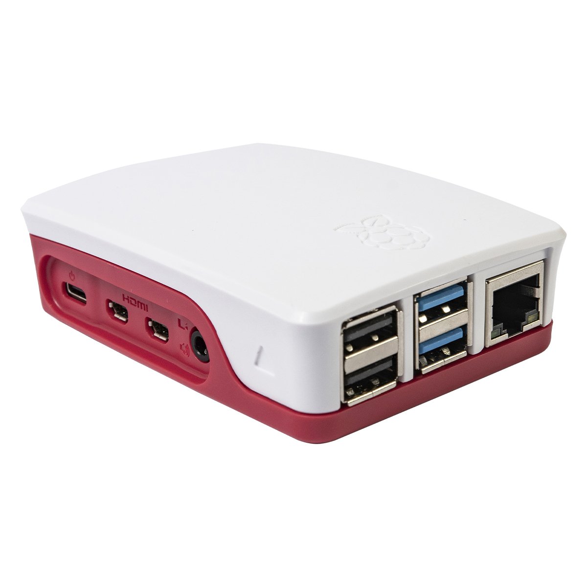 White and red Raspberry Pi 4 official case showing USB, Ethernet, and micro HDMI ports for microcontroladores and. - Kit Raspberry Pi 4 Oficial - Microbot México - 1GB