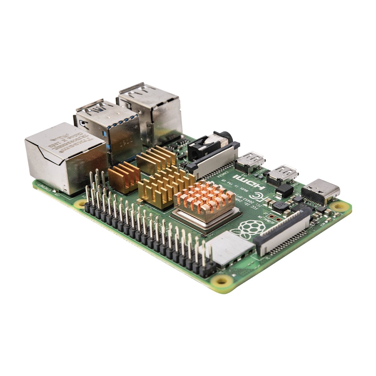 Raspberry Pi 4 Model B board with gold heat sinks, USB, Ethernet ports, and GPIO pins for electrónica and microcontroladores . - Kit Raspberry Pi 4 Oficial - Microbot México - 1GB
