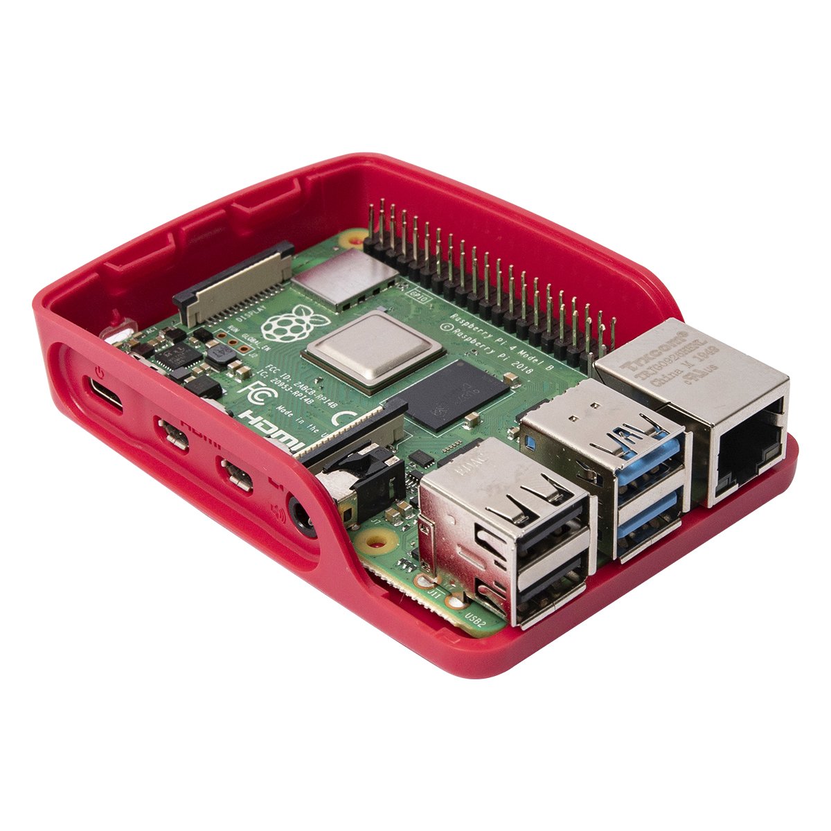 Raspberry Pi 4 Model B in red case with USB, Ethernet ports, GPIO pins, microcontroladores, módulos, electrónica components. - Kit Raspberry Pi 4 Oficial - Microbot México - 1GB