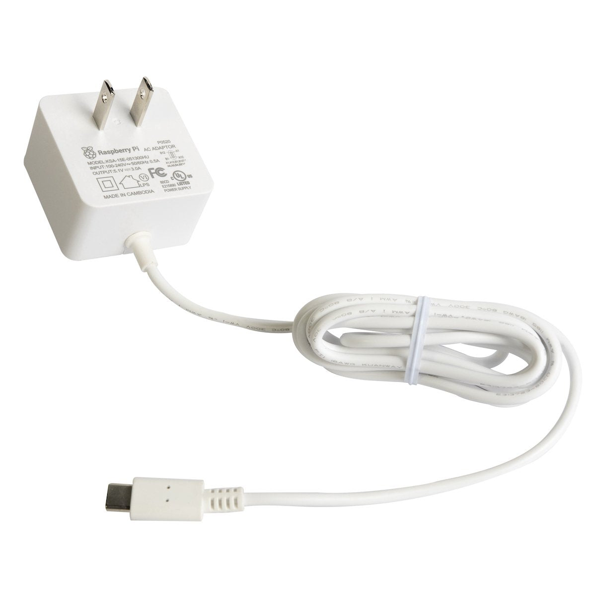 White USB-C power adapter with long cable for electrónica Raspberry Pi microcontroladores kits. - Kit Raspberry Pi 4 Oficial - Microbot México - 1GB