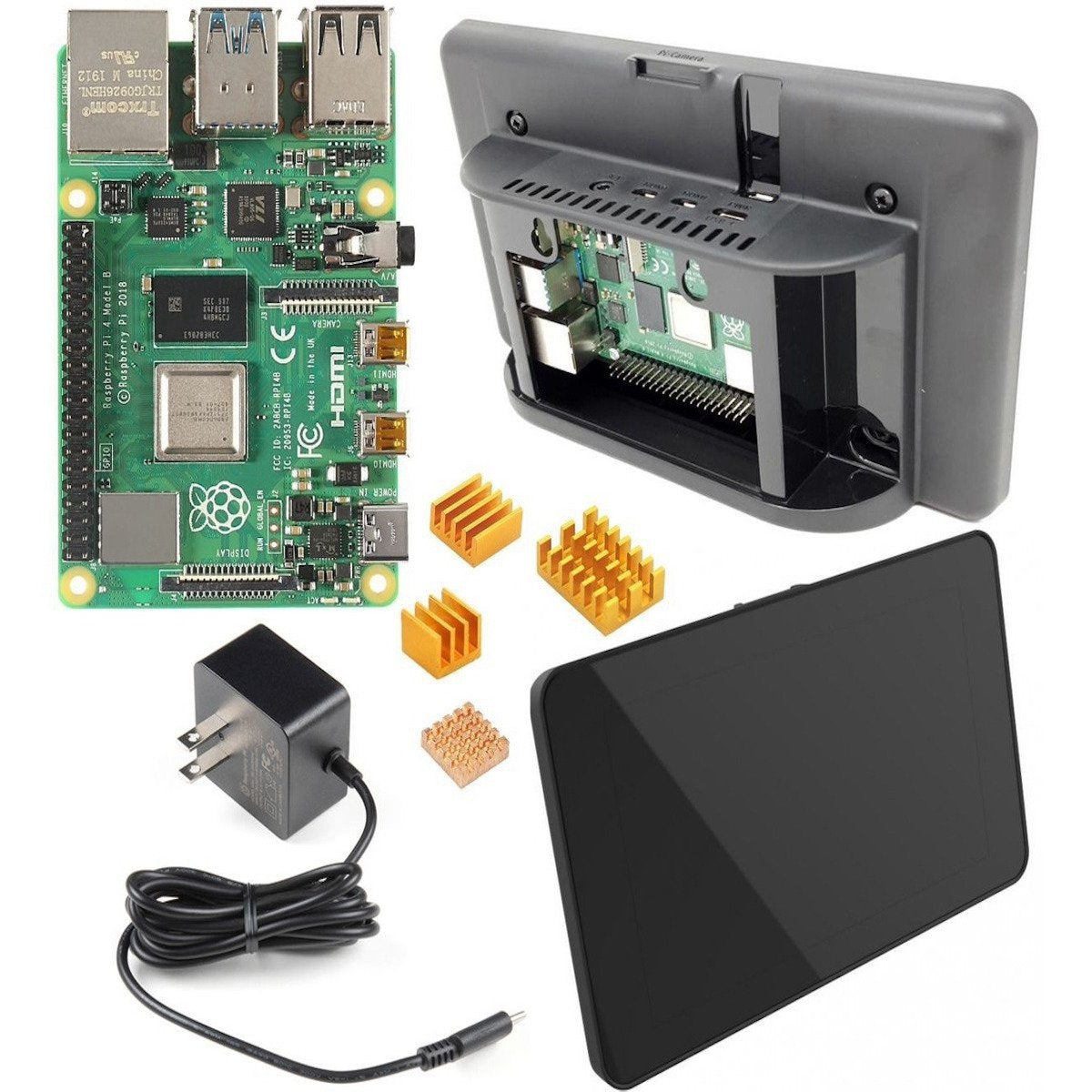 Raspberry Pi 4 board with official touchscreen display, heat sinks, and power adapter for electrónica and microcontroladores . - Kit Raspberry Pi 4 Pantalla Tactil Oficial - Microbot México - 1GB
