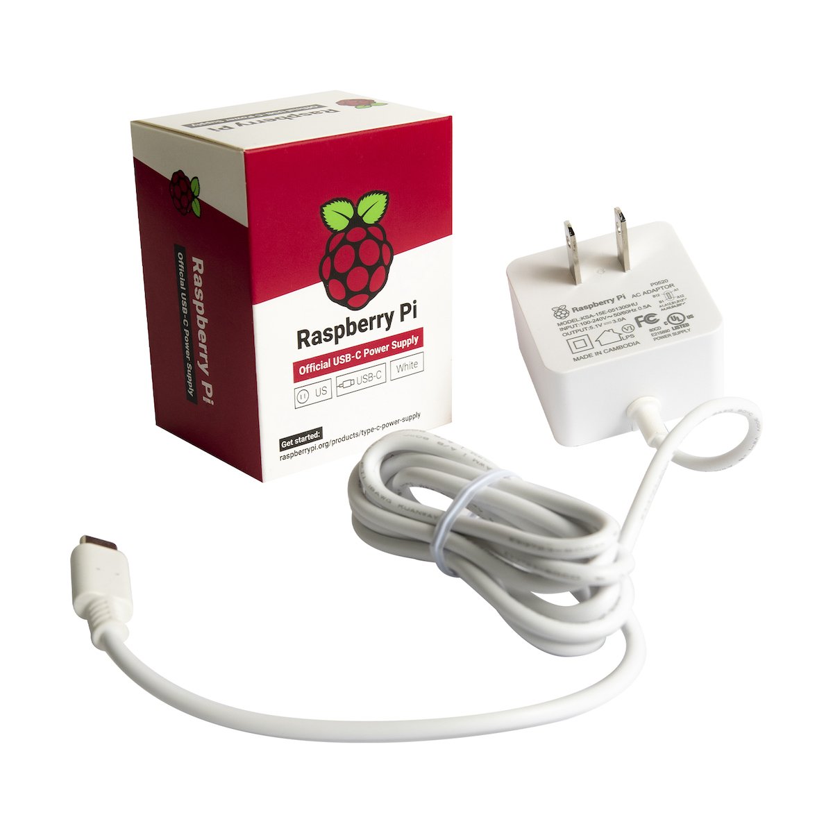 White Raspberry Pi 4 USB-C 5V 3A power adapter with cable and retail box for electrónica and componentes. - Fuente Oficial Raspberry Pi 4 USB C 5V 3A - Microbot México - Blanco