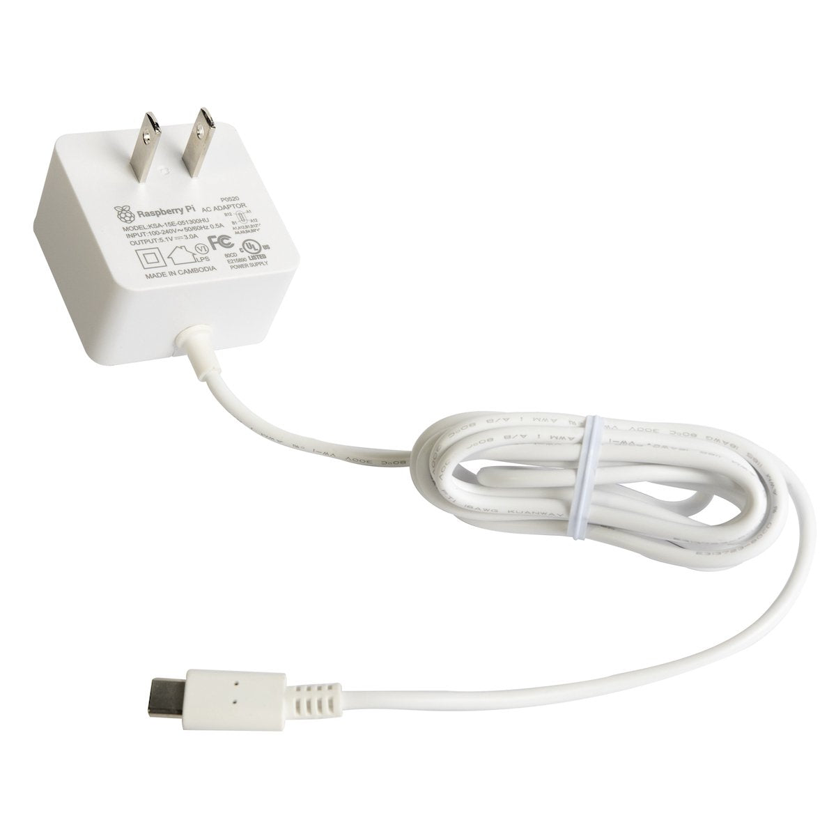 White USB-C power adapter with 5V 3A output for Raspberry Pi, electronic components and microcontrollers. - Fuente Oficial Raspberry Pi 4 USB C 5V 3A - Microbot México - Blanco