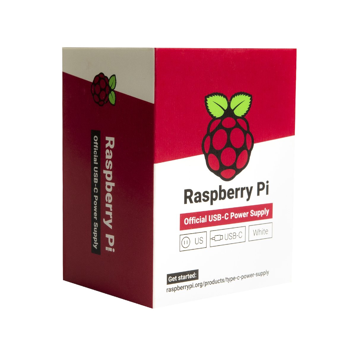 Raspberry Pi 4 USB C 5V 3A official power supply box with red and white design for electrónica and componentes projects. - Fuente Oficial Raspberry Pi 4 USB C 5V 3A - Microbot México - Blanco