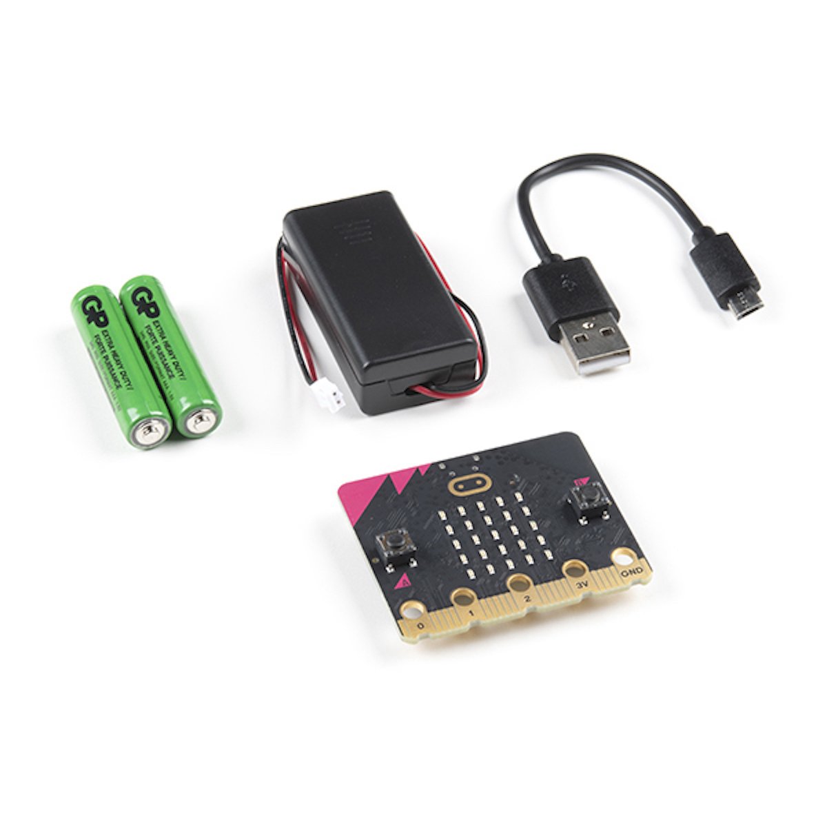 Microbit V2 Go Bundle with microcontrolador board, USB cable, battery holder, and two AA batteries for electrónica proyectos . - Microbit V2 Go Bundle - Microbot México - Default Title