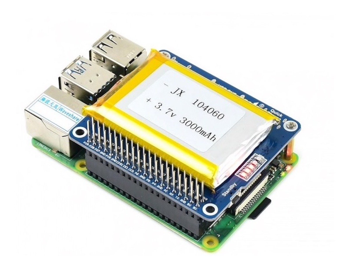 Raspberry Pi 4 with yellow Modulo Bateria HAT, electronic componentes, sensores, and microcontroladores module attached. - Modulo Bateria Raspberry Pi 4 - Microbot México - Default Title