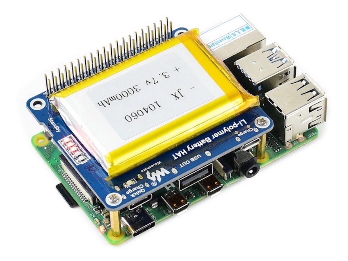 Stacked Raspberry Pi 4 with battery module HAT, showing electronic components, sensors, and microcontroller pins. - Modulo Bateria Raspberry Pi 4 - Microbot México - Default Title