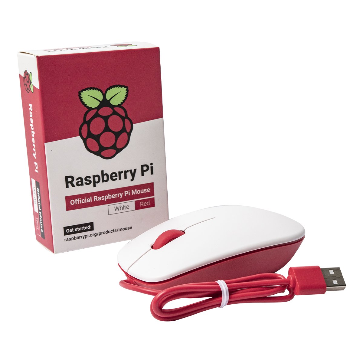 White and red Raspberry Pi official USB optical mouse with matching red cable, electronic components ideal for Arduino,. - Mouse Optico USB Oficial Raspberry Pi - Microbot México - Default Title