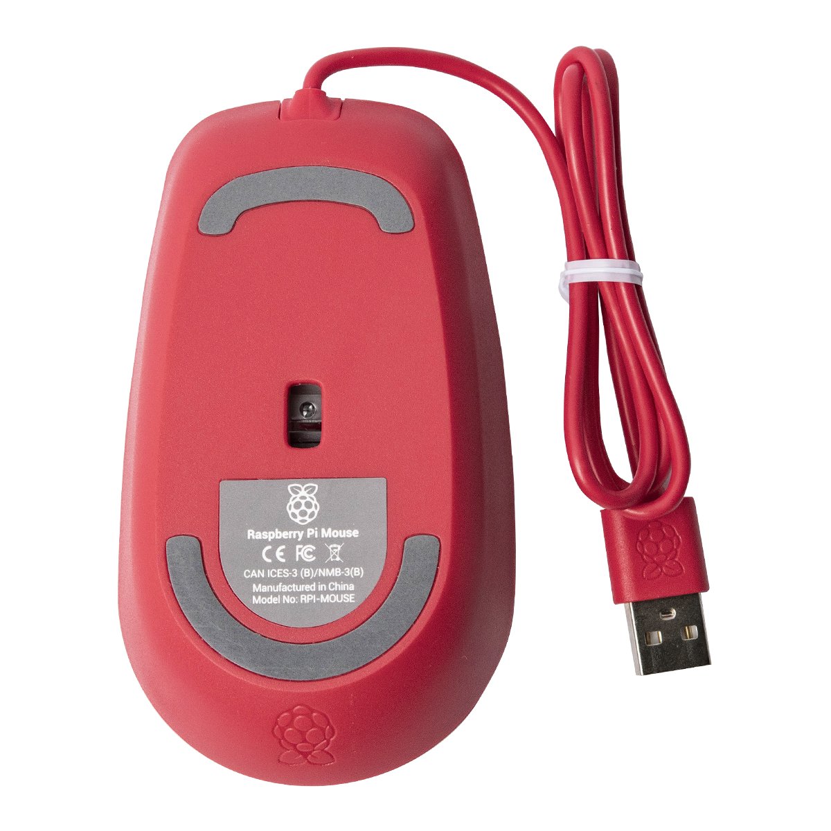 Red USB optical mouse for electrónica and raspberry pi projects with USB connector and gray grip pads. - Mouse Optico USB Oficial Raspberry Pi - Microbot México - Default Title
