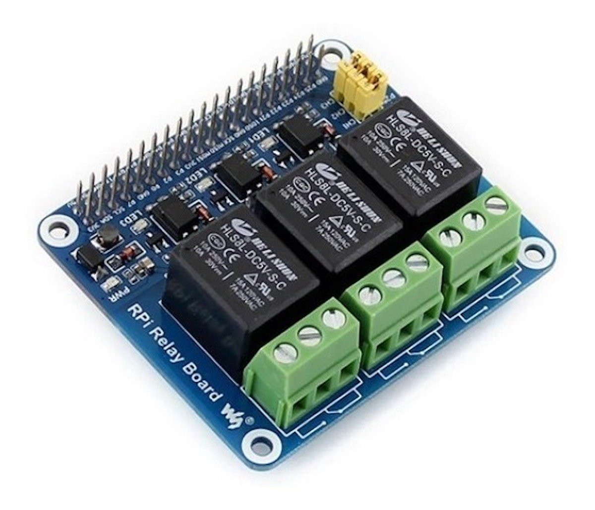 Raspberry Pi relay module with four black relays, green terminal blocks, and electronic components for microcontroladores. - Módulo Relevador Raspberry Pi - Microbot México - Default Title