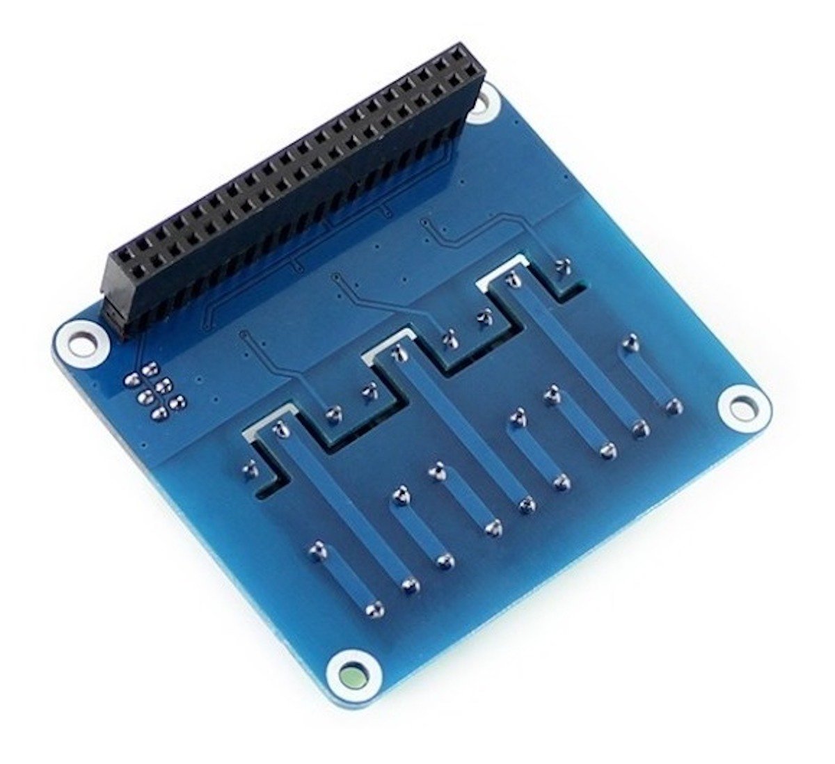 Blue Módulo Relevador HAT for Raspberry Pi with black GPIO connector pins for electrónica componentes and microcontroladores. - Módulo Relevador Raspberry Pi - Microbot México - Default Title