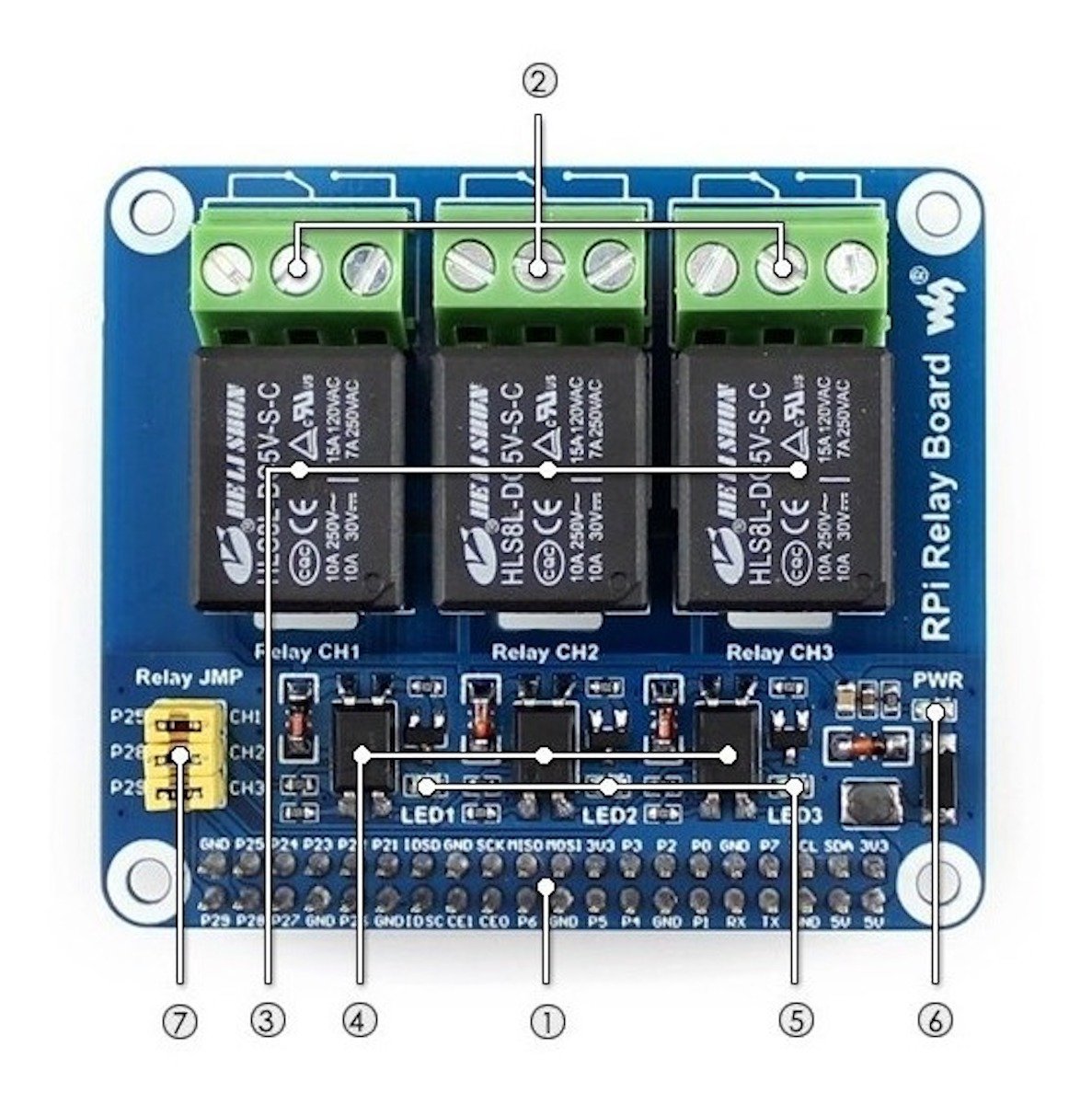 Blue Raspberry Pi relay module with three black relays, screw terminals, LEDs, and microcontroller components. - Módulo Relevador Raspberry Pi - Microbot México - Default Title