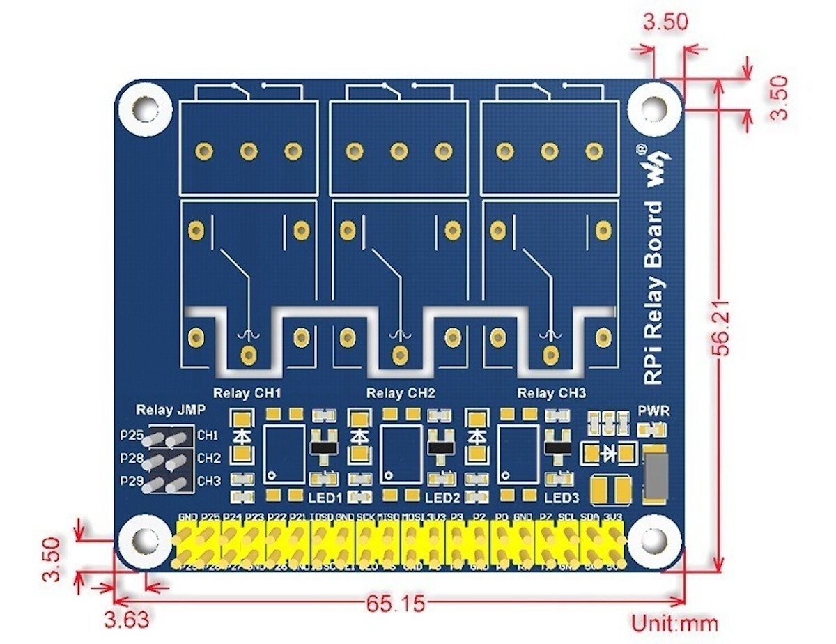 Blue PCB Raspberry Pi relay module with four relays, yellow GPIO pins, and labeled electronic components. - Módulo Relevador Raspberry Pi - Microbot México - Default Title
