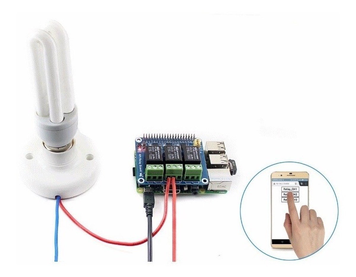 Raspberry Pi módulo relevador connected to a compact fluorescent lamp, demonstrating control via microcontroladores and. - Módulo Relevador Raspberry Pi - Microbot México - Default Title