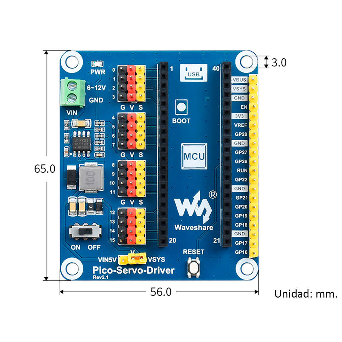 Modulo Hat Pico Servo Driver Raspberry Pi Pico W