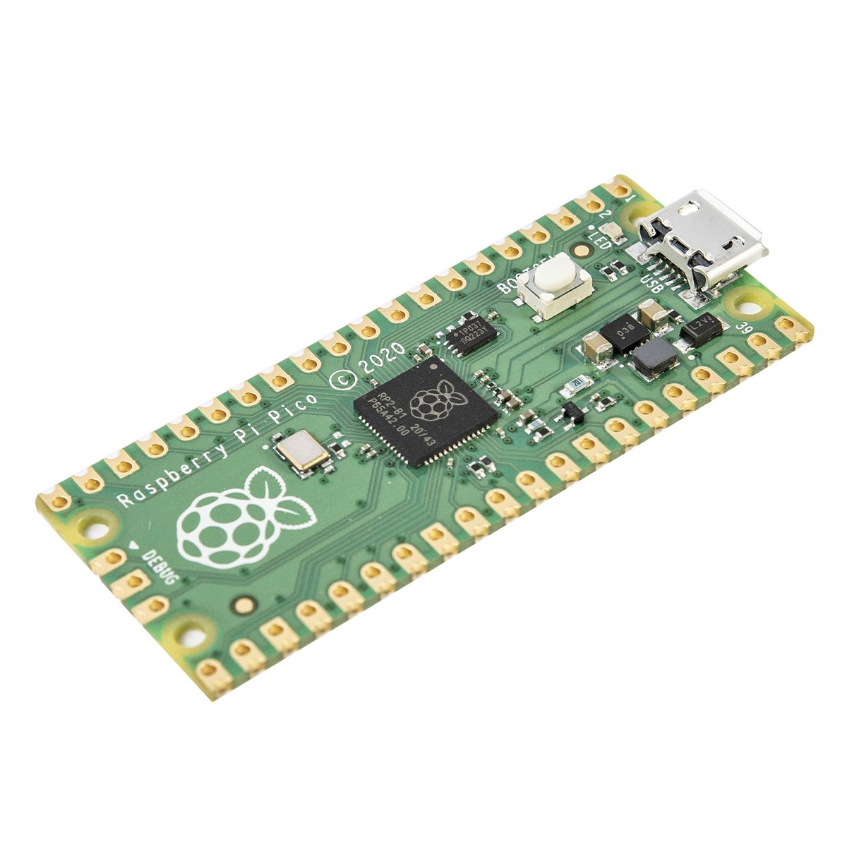 Green Raspberry Pi Pico microcontroller board with RP2040 chip, USB port, and multiple gold-pin connectors for electrónica. - Raspberry Pi Pico - Microbot México - Default Title