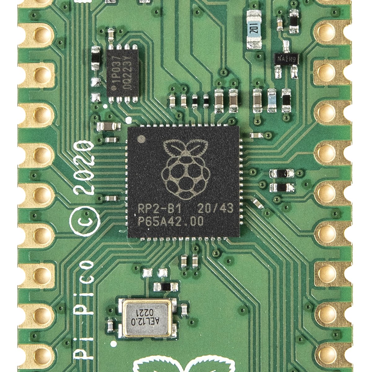 Green Raspberry Pi Pico microcontroller board showing RP2040 chip and electronic components for sensores módulos and arduino . - Raspberry Pi Pico - Microbot México - Default Title
