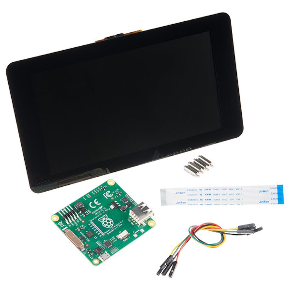 7-inch official Raspberry Pi touch screen with green circuit board, ribbon cable, and jumper wires for microcontroladores. - Pantalla Touch 7 Pulgadas Raspberry Pi Oficial - Microbot México - Default Title