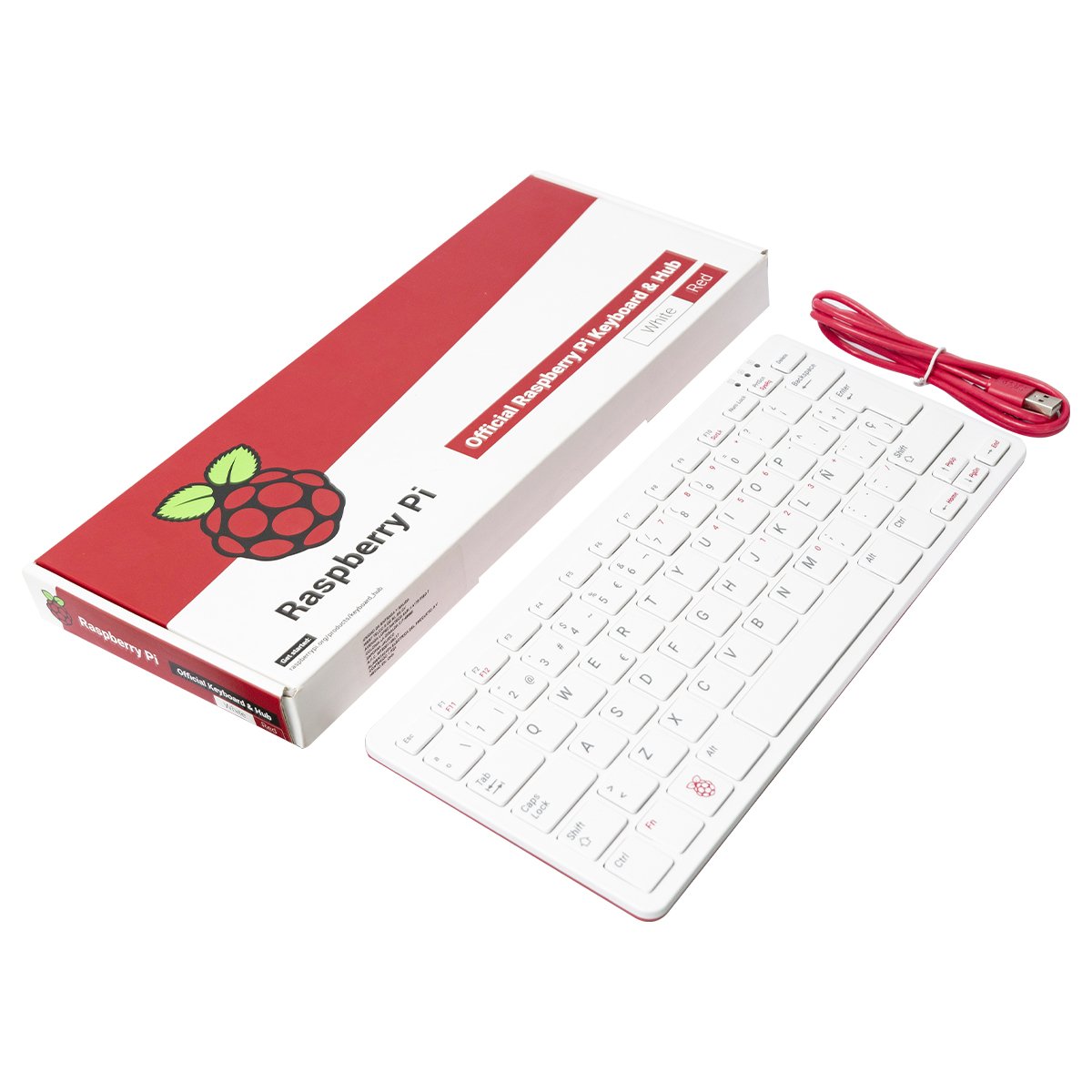 White Raspberry Pi official keyboard with red USB cable, designed for electrónica and microcontroladores projects. - Teclado Hub Oficial Raspberry Pi - Microbot México - Default Title